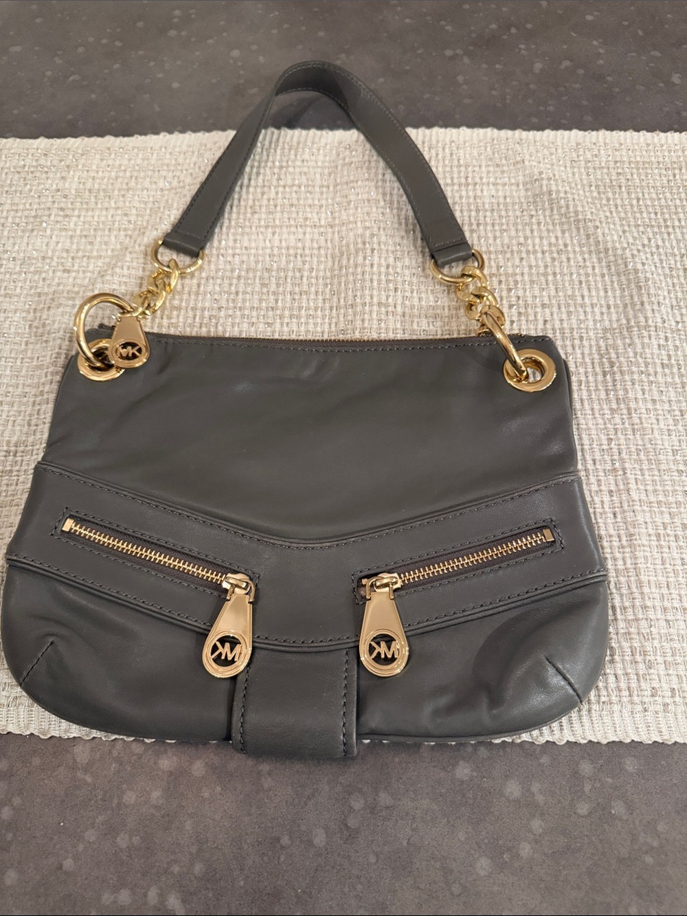 Michael Kors Dark Gray Leather Shoulder Bag with Gold Hardware